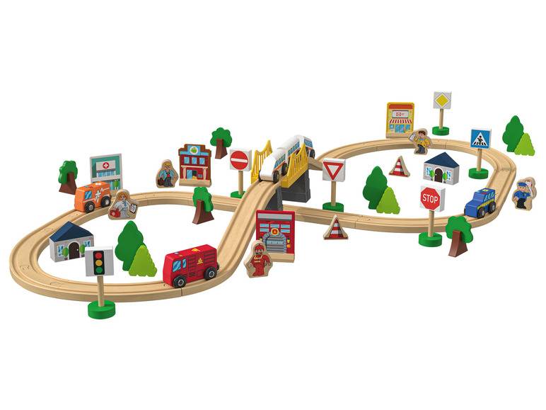 Playtive Holzeisenbahn-Set Stadt / Bauernhof, 57-teilig