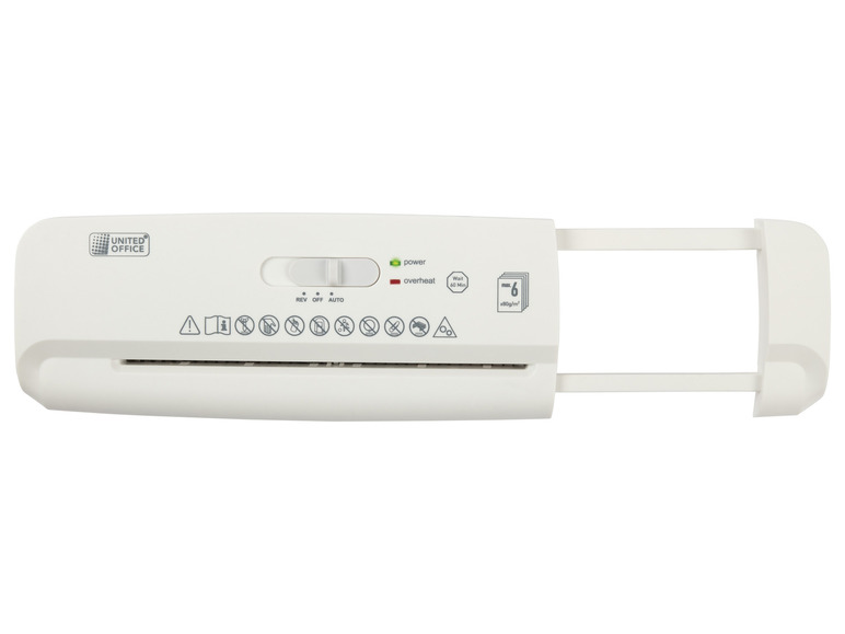 UNITED OFFICE® Aktenvernichter-Papierkorbaufsatz, 6 Blatt A4, mit ausziehbarem Teleskoparm Nur noch ein Tag übrig