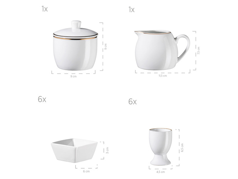 MÄSER Serie Professional Dining, Zubehör Set aus Müslischalen, Eierbechern, Schüsseln, Zuckerdose, Milchkännchen, Dipschälchen und Servierplatten, 24-teilig, Weiß mit Goldrand Versandkostenfrei