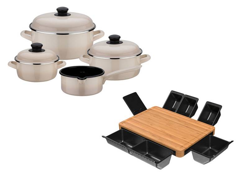 GSW Kochtopf-Set 7tlg. Shadow Stahl-Emaille creme + ERNESTO® Multifunktionales Schneidebrett Sonderangebot der Fabrik