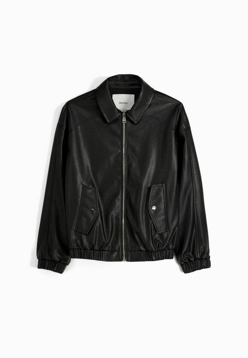 Bershka Bershka DAD FIT - Faux leather jacket - black Fabrikverkauf
