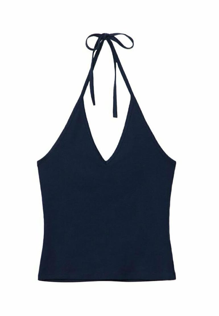 Stradivarius Stradivarius TIED HALTER - Top - dark blue Meist gekauft