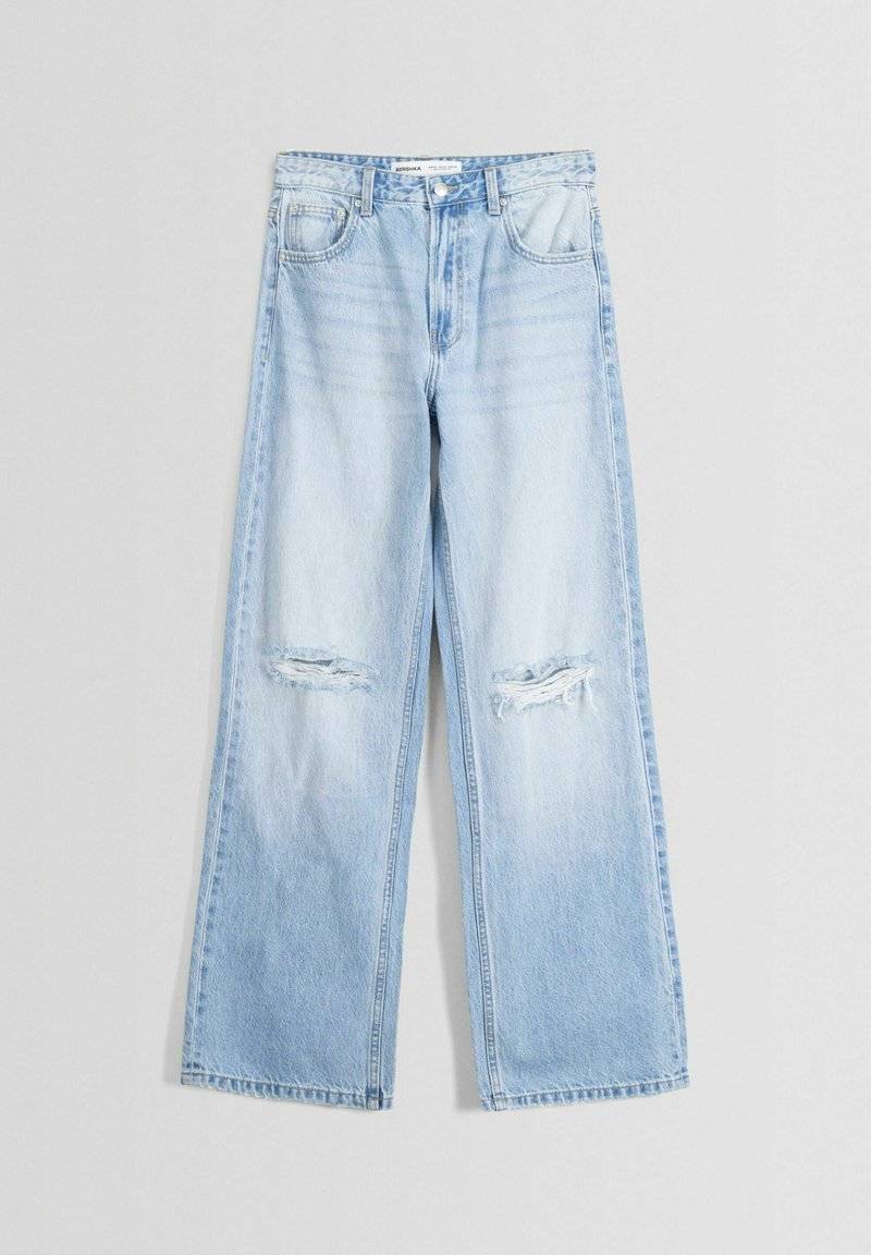 Bershka Bershka WIDE-LEG RIPPED - Flared Jeans - light blue denim Nur für heute