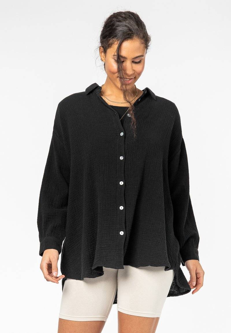 Sublevel Sublevel MUSSELIN LONG - Button-down blouse - black Black Friday Preise
